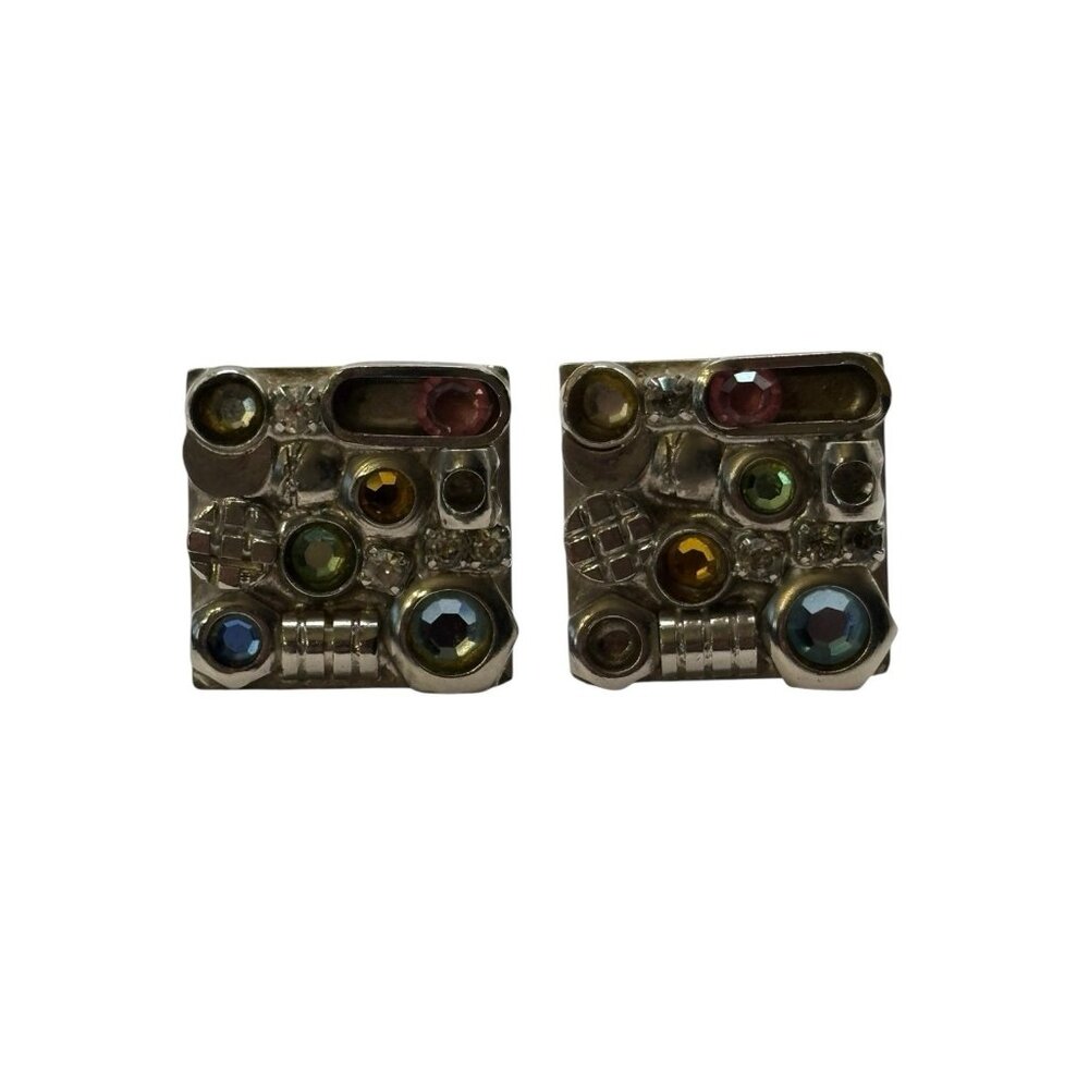 Sorrelli Earrings Clip On Silver Tone Rhinestone Modernist MCM Square Chunky VTG